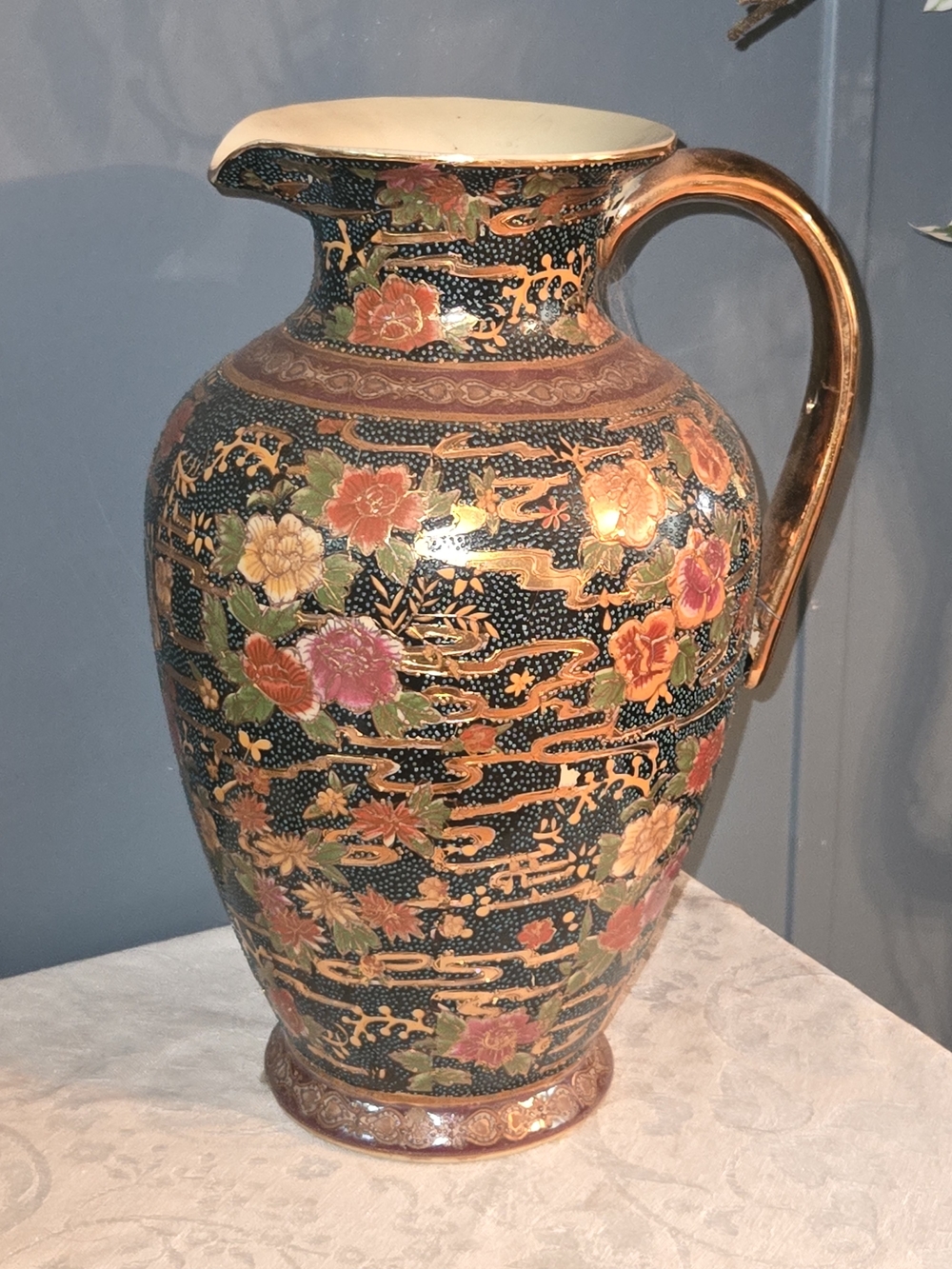 Hand-Painted Floral Ceramic Pitcher Vase in Dark Blue  and Gold